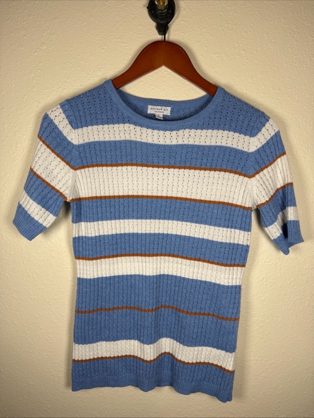 Current Air Striped Knit Short Sleeve Sweater Top Blue Cream Brown L Classic